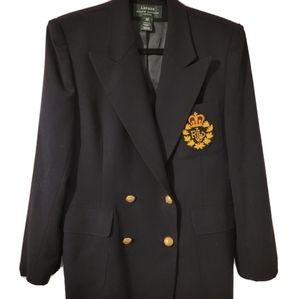 Vintage LAUREN Ralph Lauren Navy Blue Wool Blazer Jacket w/3D Crest Logo size12P